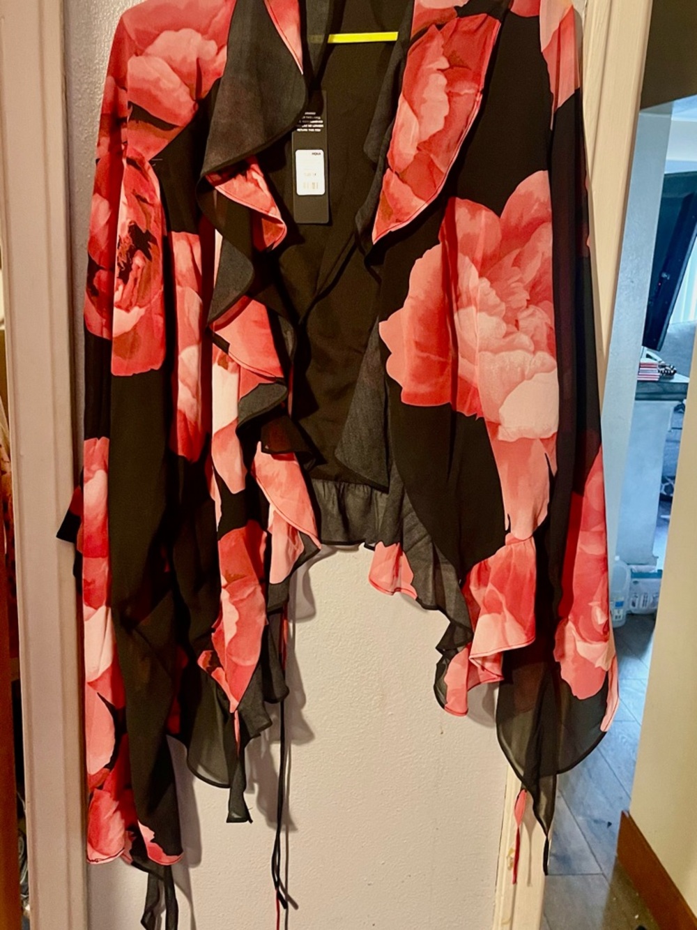 Fashion Nova Black and Pink Floral Ruffle Blouse